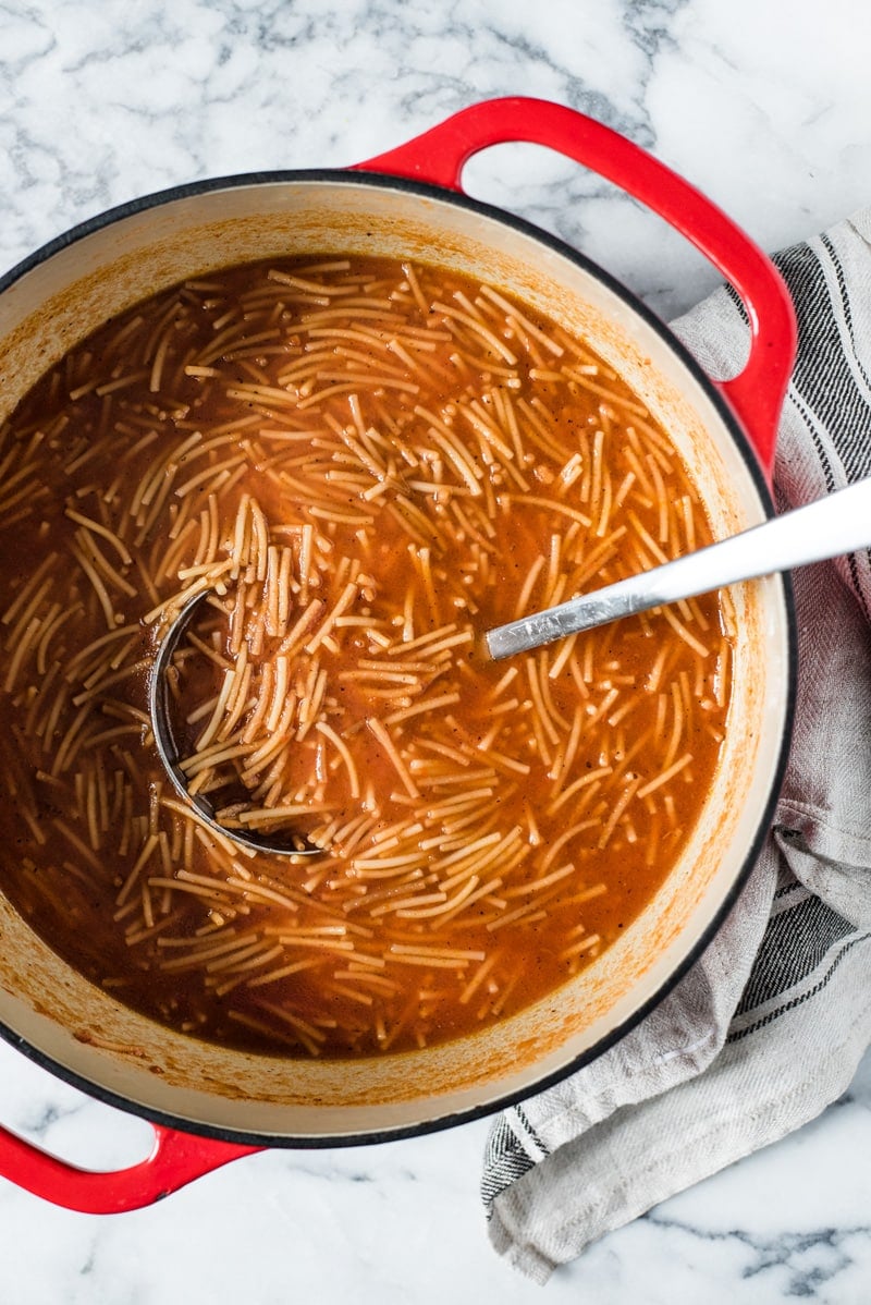 Sopa de Fideo, also known as Mexican noodle soup, is a tomato-based soup that's easy to make and perfect for the whole family! This satisfying and comforting soup is also vegetarian and vegan.