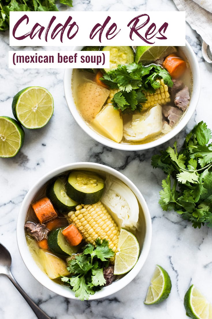 Caldo de Res, or Mexican beef soup, is a healthy and comforting soup made with a flavorful beef broth and squash, corn, carrots, cabbage and potatoes.  #beefsoup #soup #beefstew #mexican #healthy