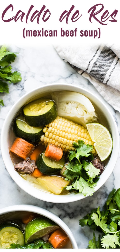Caldo de Res, or Mexican beef soup, is a healthy and comforting soup made with a flavorful beef broth and squash, corn, carrots, cabbage and potatoes. #beefsoup #soup #caldo #mexican