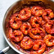 Camarones a la Diabla are juicy, large shrimp covered in a bright red chile pepper sauce that are ready to eat in 30 minutes! (gluten free, low carb, paleo) | Also known as diablo shrimp or spicy deviled shrimp.