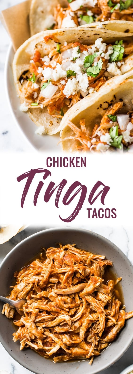 These Easy Chicken Tinga Tacos feature shredded chicken in a smoky chipotle sauce that's ready in only 30 minutes! (gluten free, low carb, paleo) #tacos #chickentacos #mexican #glutenfree #lowcarb