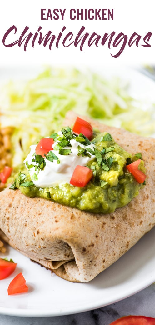 These Easy Chicken Chimichangas are filled with shredded chicken and cheese, rolled in a whole wheat flour tortilla and baked to crispy crunchy perfection. #chimichanga #shreddedchicken #mexican #burrito