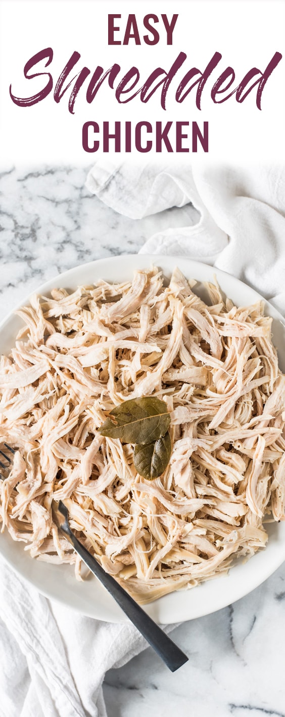 An Easy Shredded Chicken recipe that makes juicy, flavorful and tender chicken every time on the stove top. Use it in omelets, salads, tacos, nachos, soups, rice bowls, burritos, enchiladas and more! #shreddedchicken #chicken #paleo #glutenfree