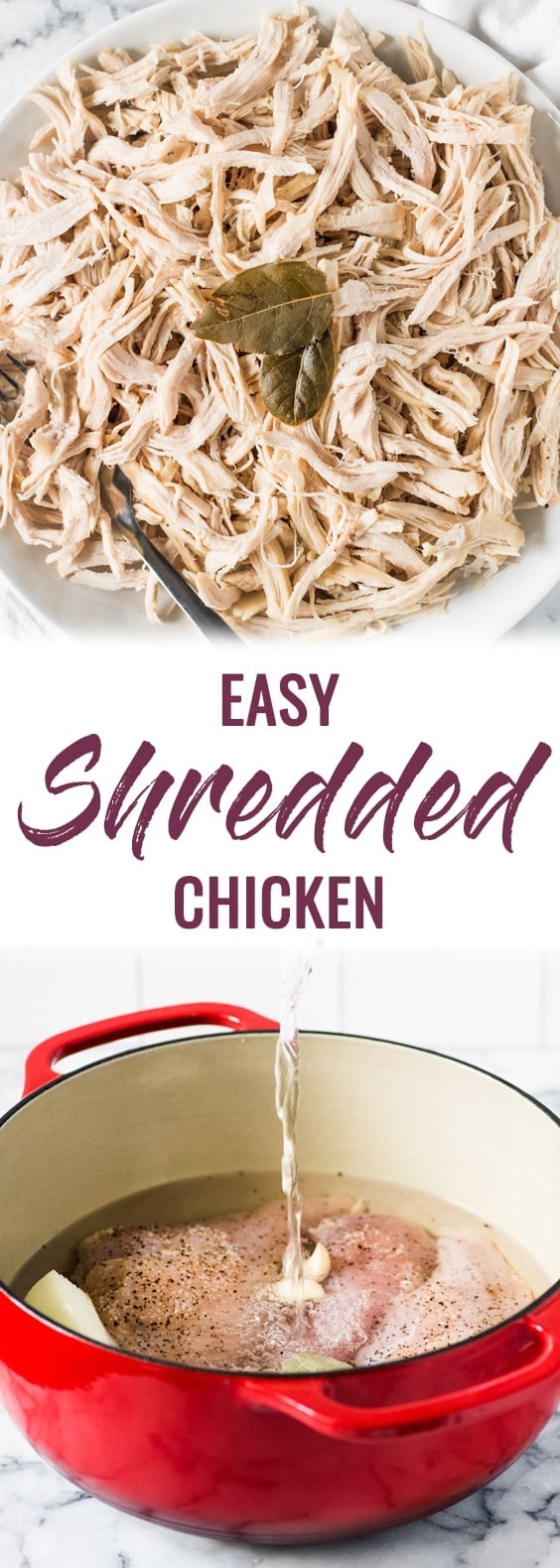 An Easy Shredded Chicken recipe that makes juicy, flavorful and tender chicken every time on the stove top. Use it in omelets, salads, tacos, nachos, soups, rice bowls, burritos, enchiladas and more! #shreddedchicken #chicken #paleo #glutenfree