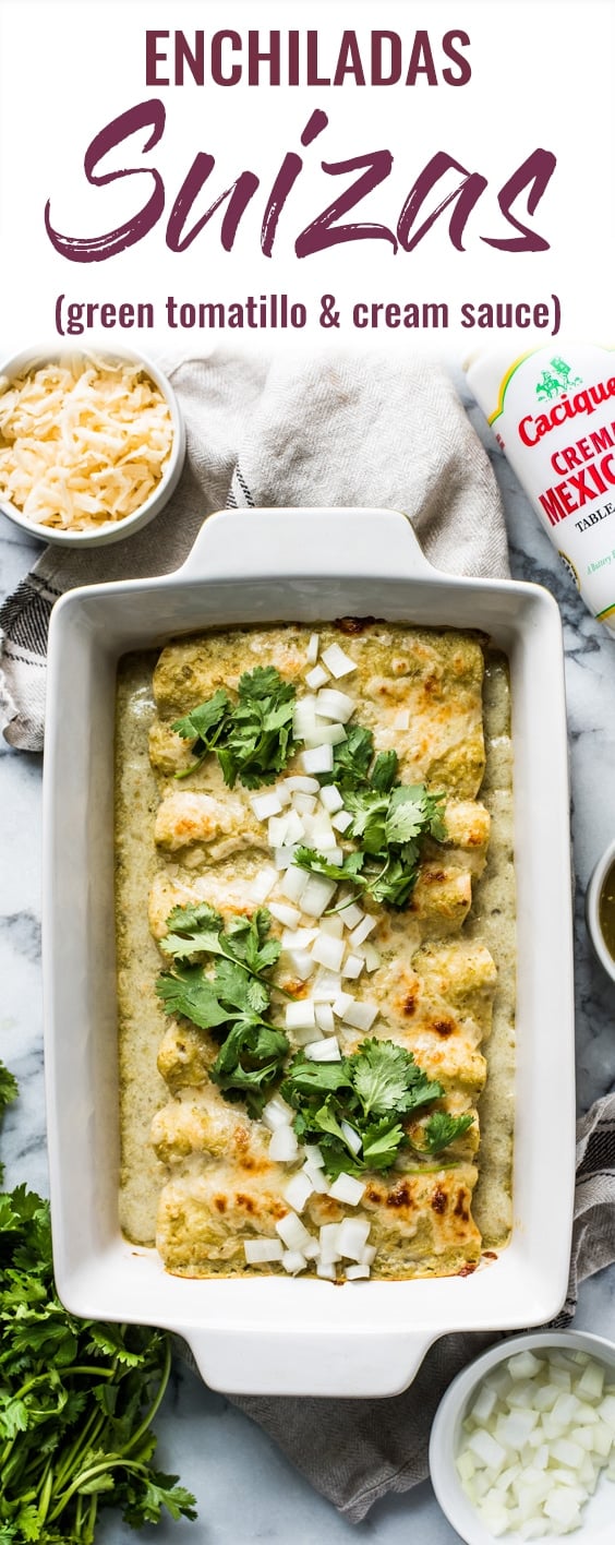 Enchiladas Suizas - enchiladas filled with shredded chicken and cheese and covered with an addicting salsa verde cream sauce. It's the best! #enchiladas #mexican #glutenfree #salsaverde | Sponsored by Cacique