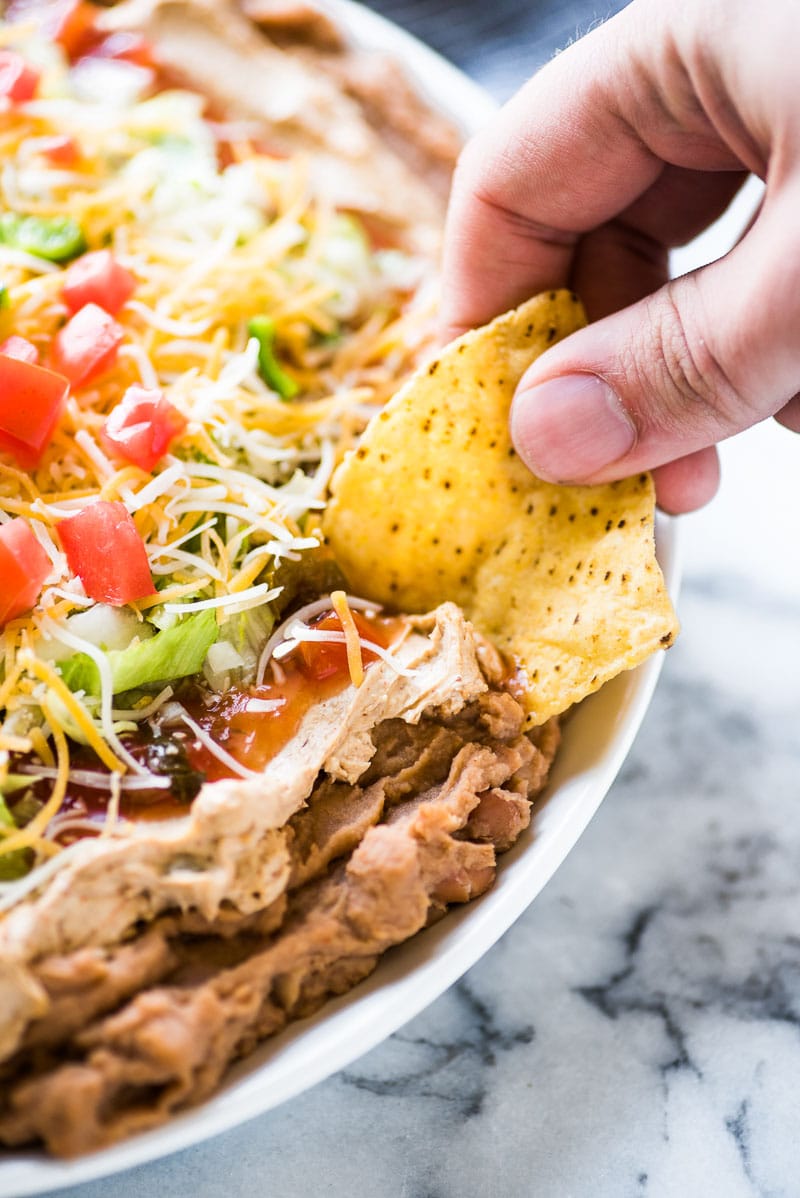This Healthy Taco Dip made with 5 layers of delicious ingredients is ready in under 10 minutes and is the perfect appetizer for any party!