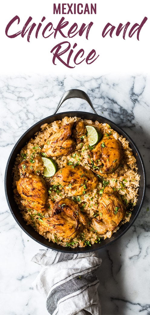This Mexican Chicken and Rice features tender, juicy marinated chicken thighs and authentic Mexican rice cooked all in one pot! #chickenandrice #onepot #chickendinner #mexican