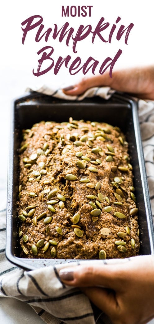 This moist pumpkin bread is easy to make and features a crunchy crust made from turbinado sugar and pepitas! Perfect for the fall and winter seasons! #pumpkinbread #pumpkin #loaf