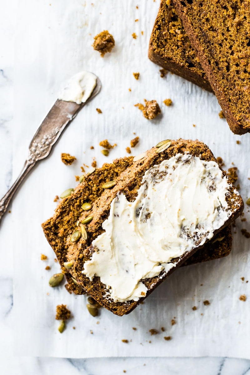 This moist pumpkin bread is easy to make and features a crunchy crust made from turbinado sugar and pepitas! Perfect for the fall and winter seasons!