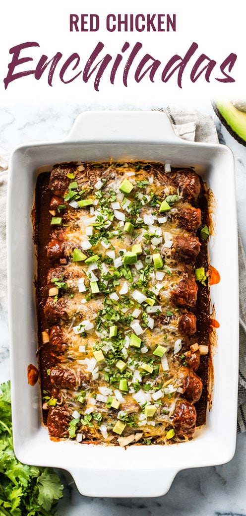 This Red Chicken Enchiladas recipe makes the BEST DINNER EVER! They're stuffed with shredded chicken and cheese, topped with red enchilada sauce and baked for 20 minutes. They're easy to make, super cheesy and made with authentic Mexican flavors. #enchiladas #mexican #shreddedchicken
