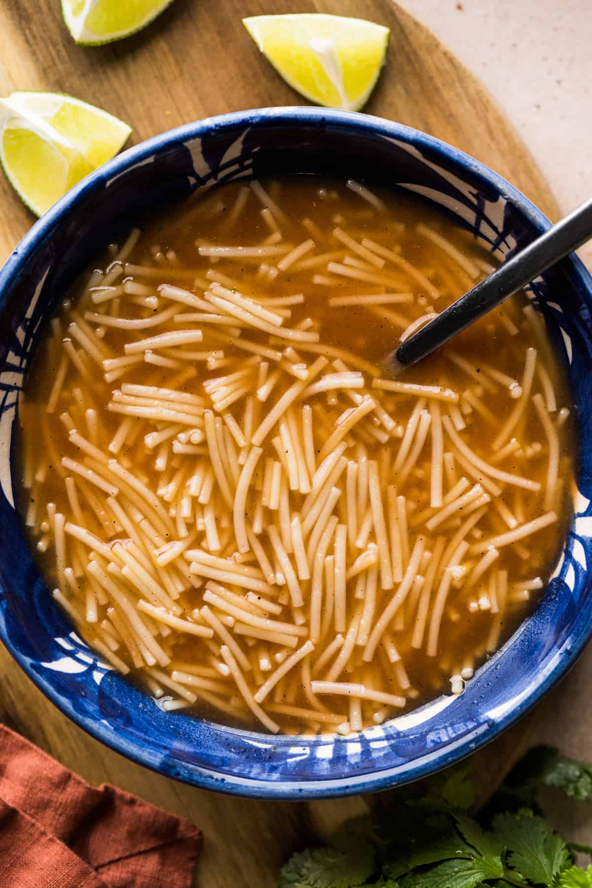 Sopa de Fideo (Mexican noodle soup) in a bowl ready to eat.