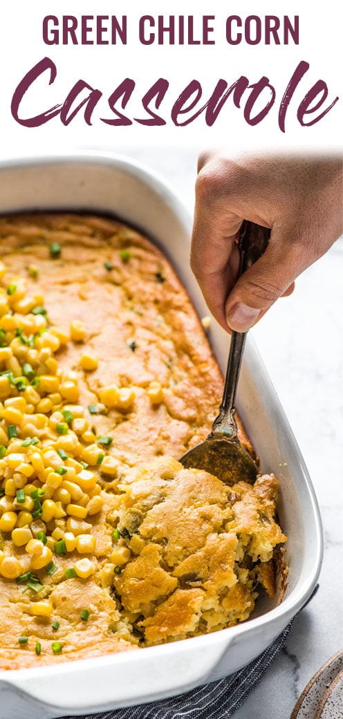 This Green Chile Corn Casserole is made with whole kernel corn, creamed corn and a box of Jiffy corn muffin mix. It's one of the easiest recipes you'll make this holiday season! #thanksgiving #christmasrecipes #sidedish