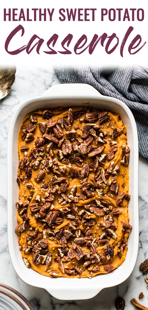 This easy and healthy Sweet Potato Casserole is made with sweet potatoes, butternut squash and candied pecans for a delicious holiday dish! (gluten free, vegetarian, paleo) #thanksgiving #christmasrecipes #sweetpotato