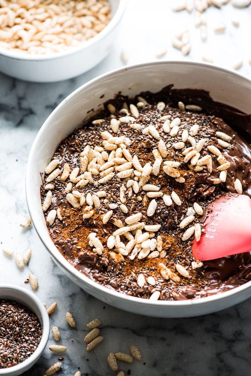 Chocolaty, crunchy and easy to make, these No Bake Chocolate Crunch Bars are made with puffed rice cereal, chocolate chips and good-for-you ingredients like pepitas for a delicious treat!