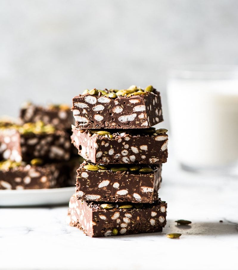 Chocolaty, crunchy and easy to make, these No Bake Chocolate Crunch Bars are made with puffed rice cereal, chocolate chips and good-for-you ingredients like pepitas for a delicious treat!