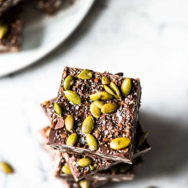Chocolaty, crunchy and easy to make, these No Bake Chocolate Crunch Bars are made with puffed rice cereal, chocolate chips and good-for-you ingredients like pepitas for a delicious treat!
