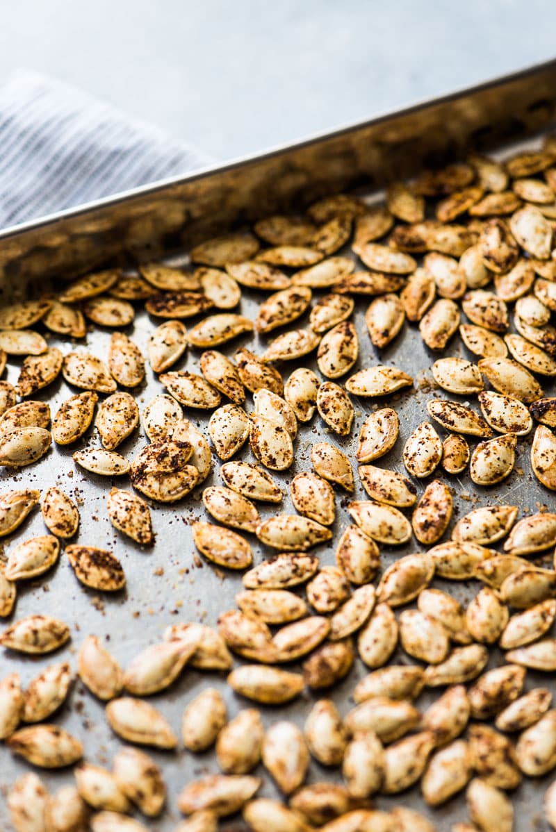 Roasted pumpkin seeds that have been seasoned