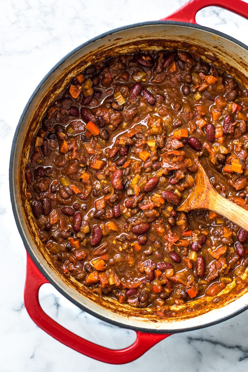 This Spicy Vegetarian Chili is thick, satisfying and super filling! Serve it with your favorite toppings for an easy and healthy meatless meal. (gluten free, vegetarian, vegan)