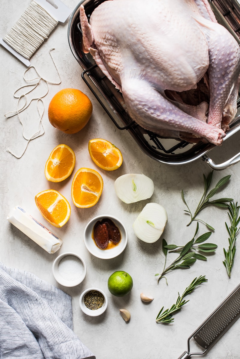 Ingredients for a Thanksgiving turkey recipe on a table