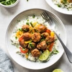 This Healthy Turkey Fajita Rice Bowl recipe is made with delicious cilantro lime cauliflower rice, savory peppers and onions and spicy turkey! (low carb, gluten free, paleo)