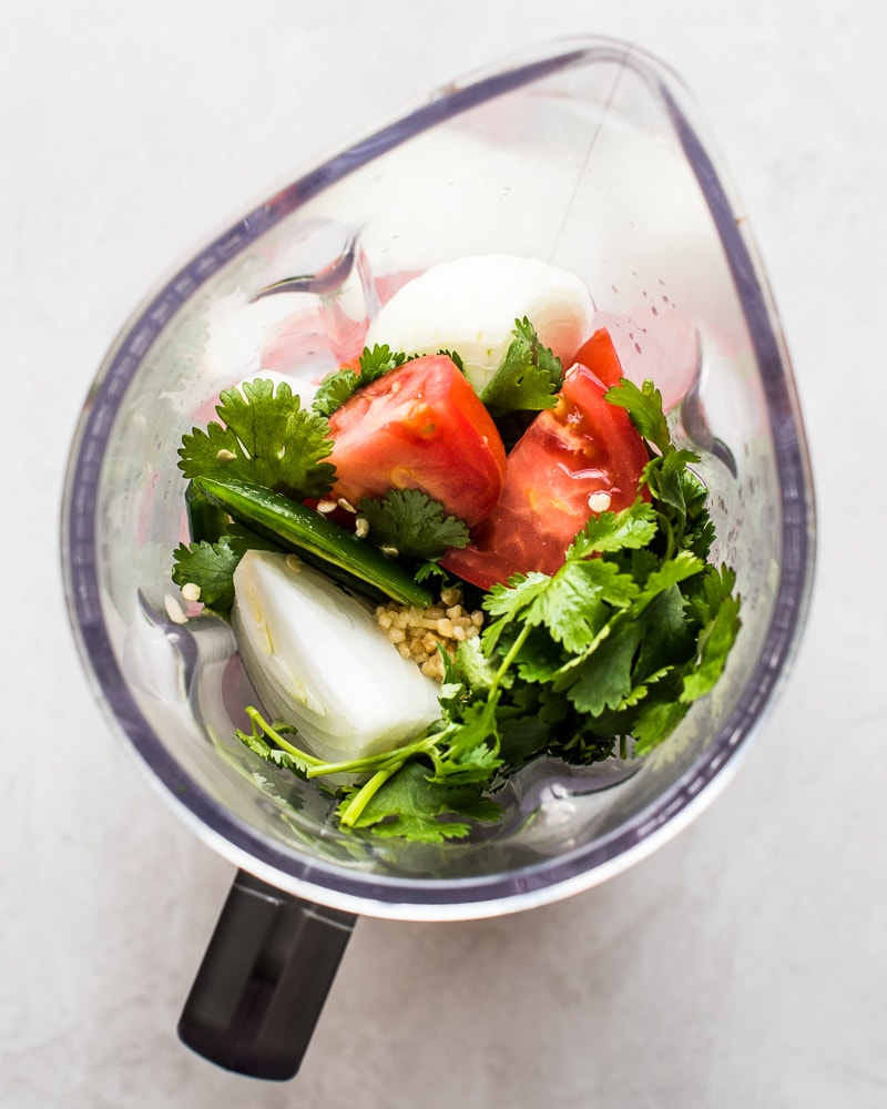 Raw salsa ingredients in a blender - onions, tomatoes, cilantro, garlic, jalapenos.