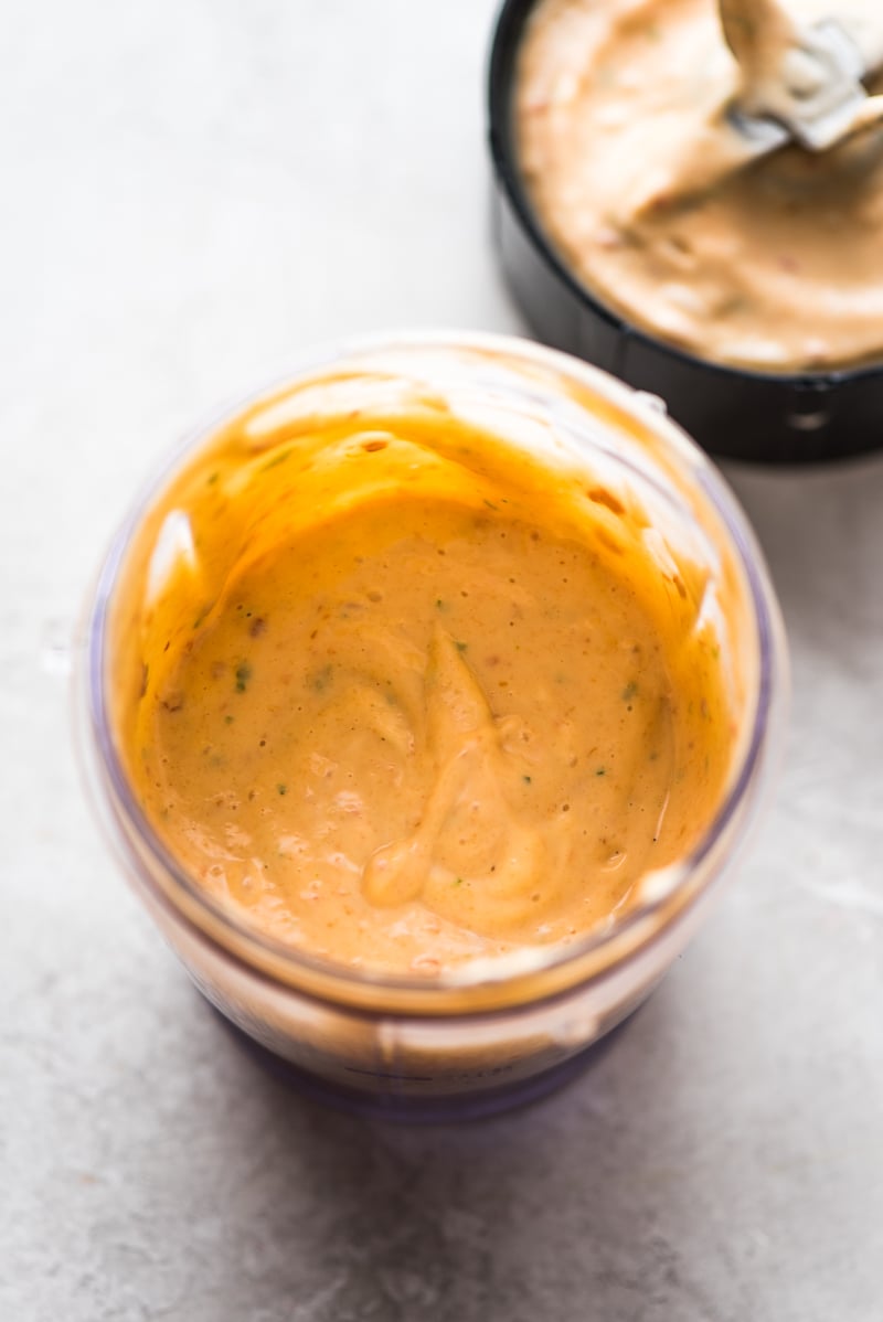 Chipotle Lime Mayo in a small blender for a Baja Fish Tacos recipe.