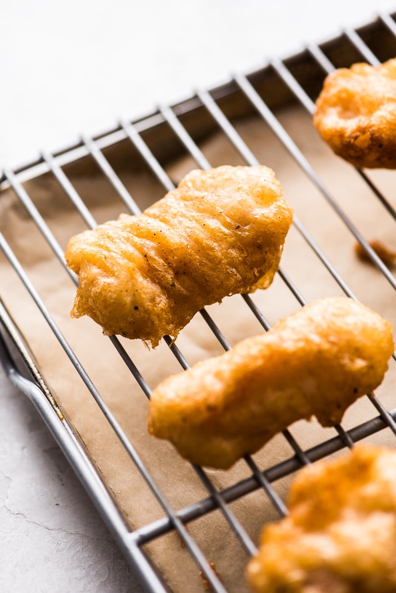 Beer-battered and fried Atlantic Cod for Baja Fish Tacos.