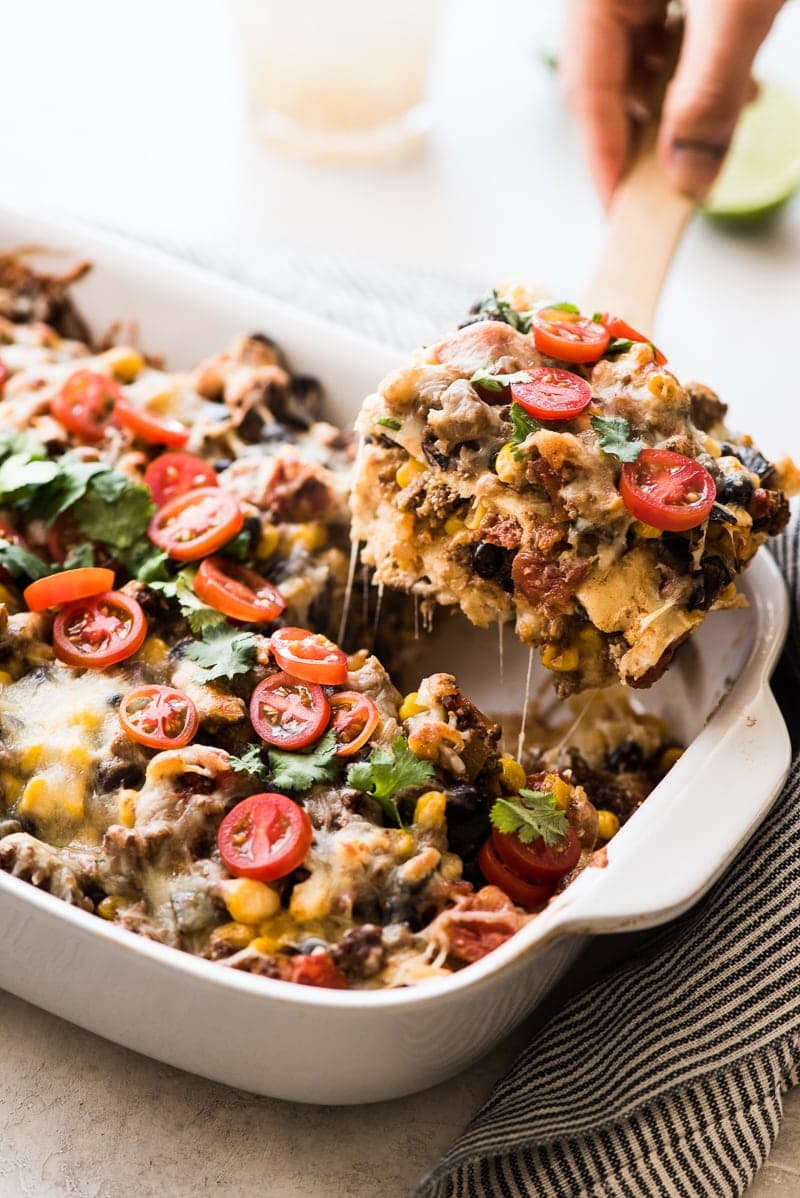 Taco casserole made with black beans.
