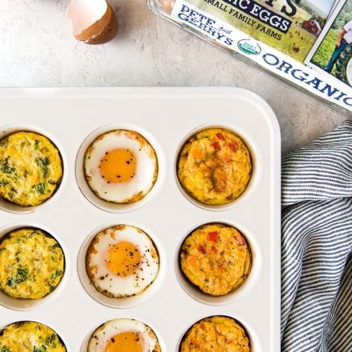 These protein-packed Breakfast Egg Cups make meal prepping and eating on-the-go exciting with 3 different flavors - chipotle sweet potato, verde and fajita! In partnership with Pete and Gerry's Organic Eggs.