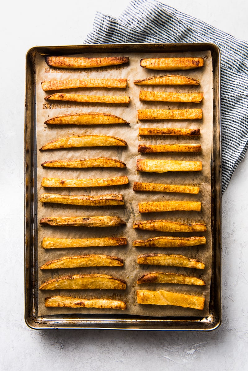 Baked fries for carne asada fries on a baking sheet