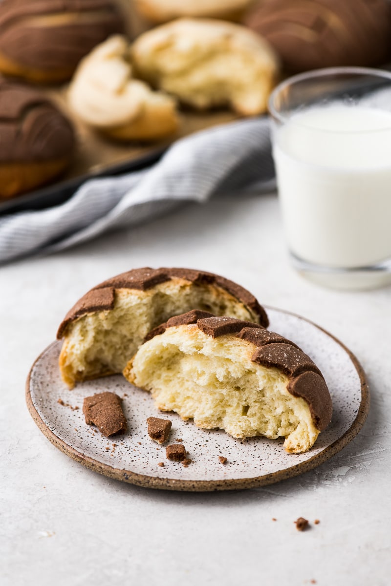 A baked light and airy chocolate-crusted concha bread that's been split open to reveal the beautiful light and fluffy bread inside.