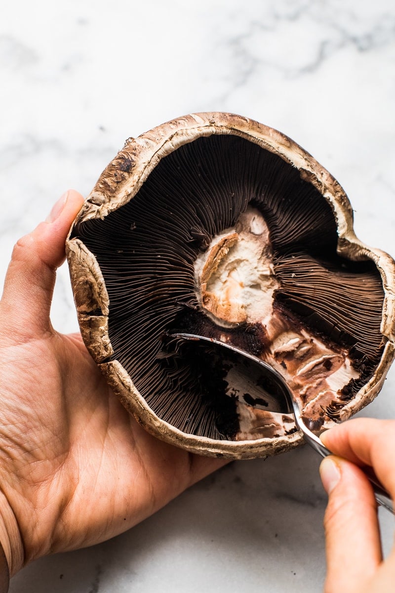 Removing gills from portabello mushroom to make vegetarian mushroom tacos