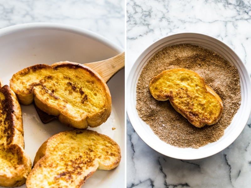 Photo on the left: cooked french toast in a skillet. Photo on the right: cooked french toast in a bowl with cinnamon sugar topping.