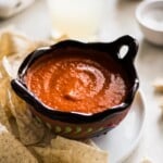 Chile de arbol salsa in an ornate Mexican-style brown bowl.