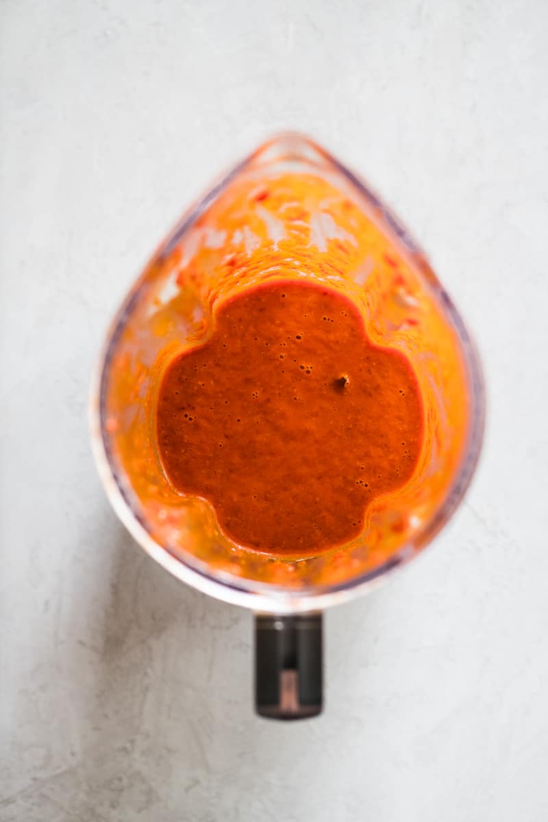 Chile de Arbol salsa blended in a blender.