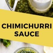 This Chimichurri Sauce recipe is made with fresh and simple ingredients like parsley, cilantro, garlic, red onions and lemon juice. It's perfect served as a sauce for steak, chicken, and seafood, as a salad dressing and even as a marinade! (gluten free, low carb, paleo, vegetarian, vegan)