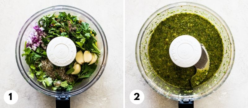 Step by step process on how to make chimichurri sauce in a food processor.