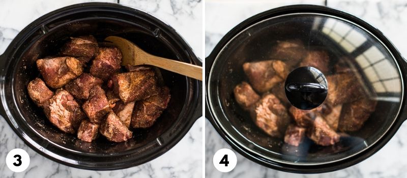 Step 3 and 4 of how to make slow cooker carnitas.