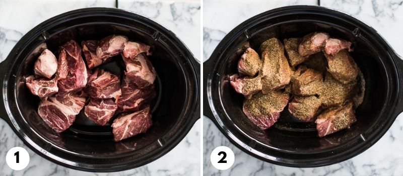 Step 1 and 2 of how to make carnitas in the slow cooker.