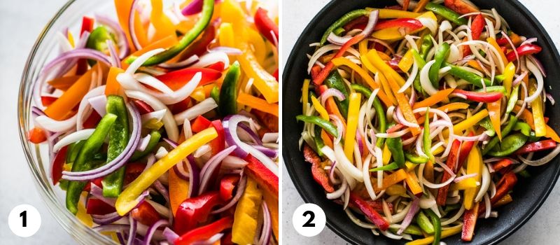 Step by step process for how to make sauteed peppers and onions.
