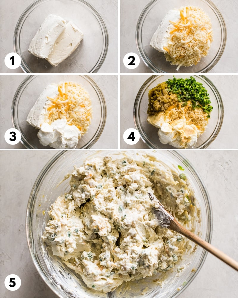 Step by step process of how to make jalapeno popper dip.