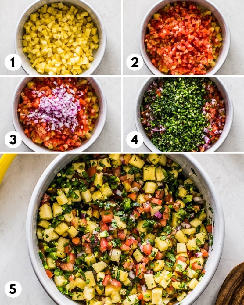 Step by step photos of how to make pineapple salsa.