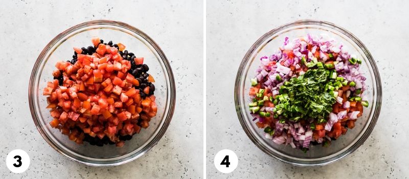 Collage of how to make black bean and corn salsa