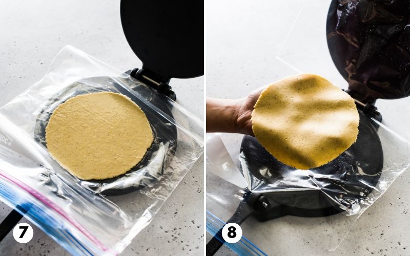 Masa dough in a tortilla press.