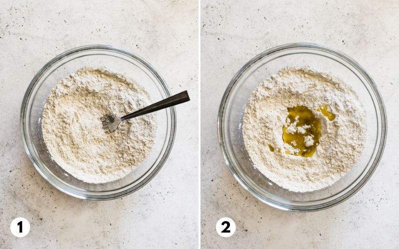 Step 1 and 2 of how to make flour tortillas.