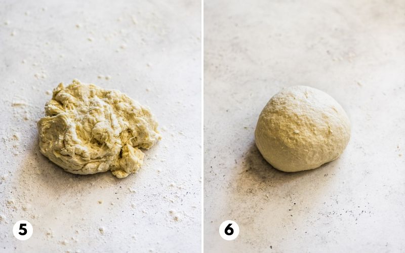 Step 5 and 6 showing flour tortilla dough on a floured work surface.