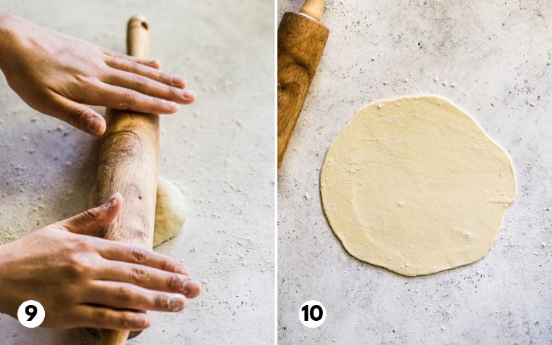 Step 9 and 10 showing hands using a rolling pin to make flour tortillas.