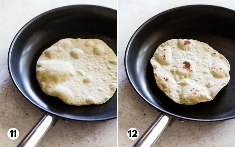 Steps 11 and 12 showing how to cook flour tortillas in a nonstick skillet.