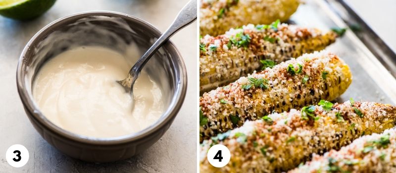 Process of making Mexican street corn slathered with mayo, lime juice, cotija cheese, cilantro and chili powder.
