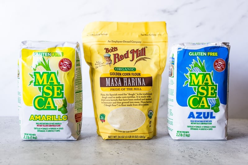 Bags of masa harina on a counter.